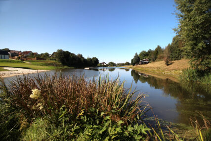 Blick über den Badesee mit Schilfgras und Wiesenpflanzen im Vordergrund. Im Hintergrund Häuser und Bäume entlang des Ufers.