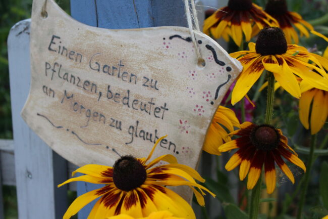 Keramikschild mit schönem Spruch hängt an einem Blauen Zaun. Davor sind Gelb-Braune Blumen